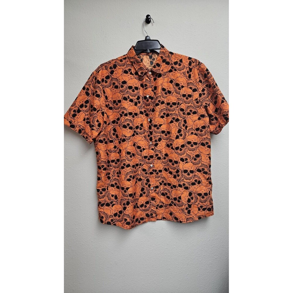 SSLR Shirt Mens XL Orange Skull Print Button Up Short Sleeve Casual Goth